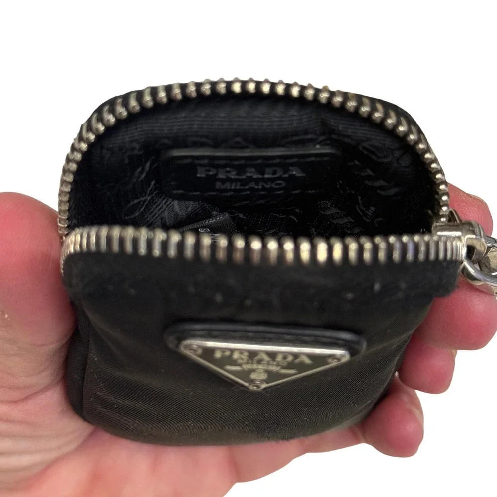 Prada Re-Nylon Mini Pouch Black Enamel Triangle Logo Zip Bag Charm Accessory